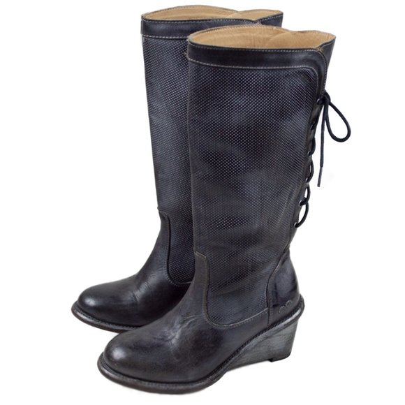 BED STU Empress Black Rustic Wedge Lace-Up Distressed Leather Tall Boots - Picture 12 of 16